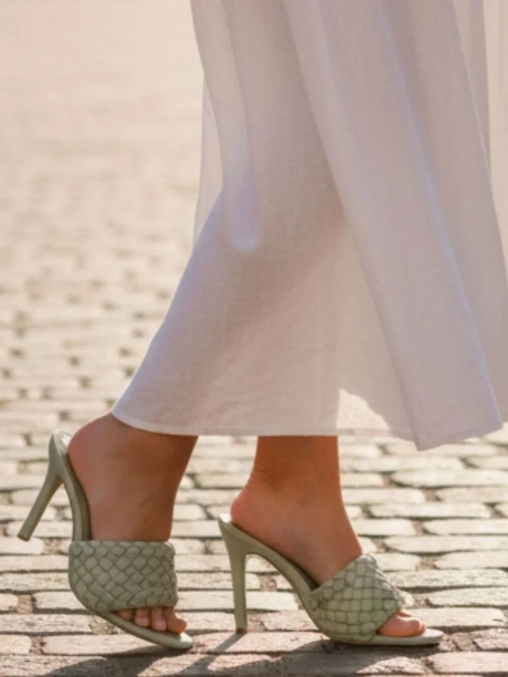 Woven Sage Green High Heel Mules With Padded Straps - Elegant Slip-On Design For